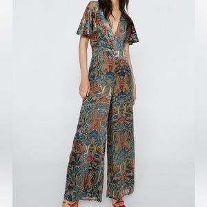 Nasty Gal Paisley Devore Angel Sleeve Velvet Jumpsuit